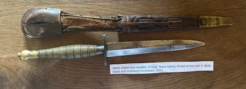 Fairbairn Sykes Commando Dagger - shortened WW2 Issue ribbed and beaded 9 rings, rare with issue stamp broad arrow over 4.